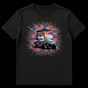 Dynamic golf cart t-shirt design with abstract color explosion for golf enthusiasts on Black t-shirt