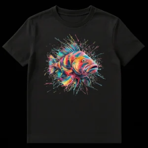 Vibrant splatter paint fish t-shirt with rainbow colors on a black background, showcasing dynamic abstract art. on Black t-shirt