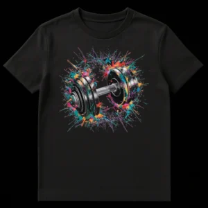 Realistic dumbbell with vibrant multicolor paint splatters against a black background on a t-shirt, symbolizing fitness and energy. on Black t-shirt