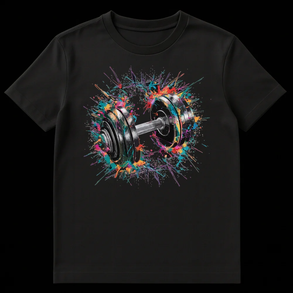 Realistic dumbbell with vibrant multicolor paint splatters against a black background on a t-shirt, symbolizing fitness and energy. on Black t-shirt