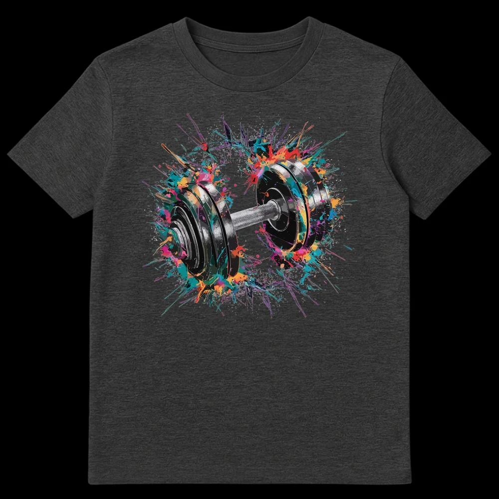 Realistic dumbbell with vibrant multicolor paint splatters against a black background on a t-shirt, symbolizing fitness and energy. on Dark Heather t-shirt