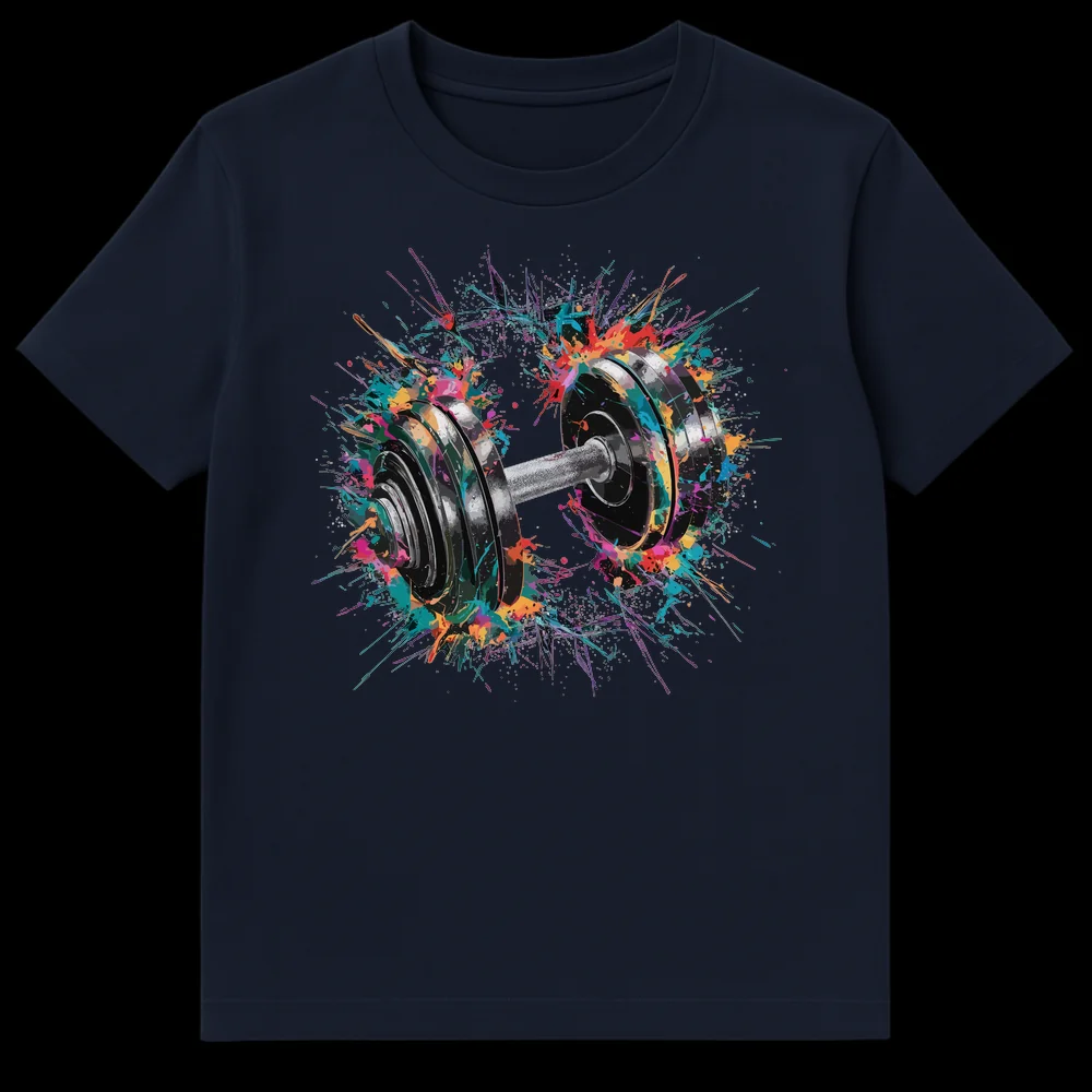 Realistic dumbbell with vibrant multicolor paint splatters against a black background on a t-shirt, symbolizing fitness and energy. on Navy Blue t-shirt