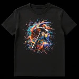 Dynamic Hammer Paint Splatter T-Shirt design with a claw hammer surrounded by colorful splashes on a black background. on Black t-shirt