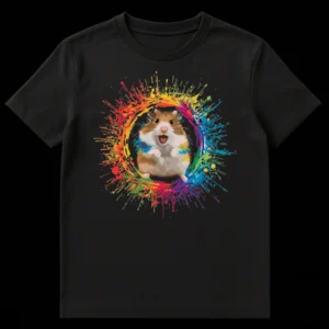Happy Syrian Hamster surrounded by rainbow paint splatters on a black t-shirt. Colorful Pop Art style. on Black t-shirt