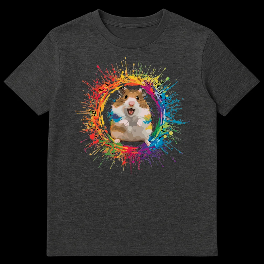 Happy Syrian Hamster surrounded by rainbow paint splatters on a black t-shirt. Colorful Pop Art style. on Dark Heather t-shirt