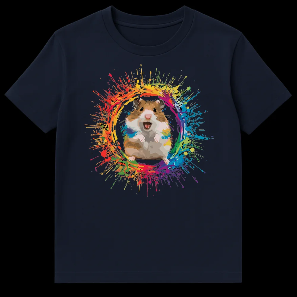 Happy Syrian Hamster surrounded by rainbow paint splatters on a black t-shirt. Colorful Pop Art style. on Navy Blue t-shirt