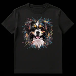 Happy dog splash art portrait on a black t-shirt with vibrant paint splatters in teal, pink, yellow, and blue. on Black t-shirt