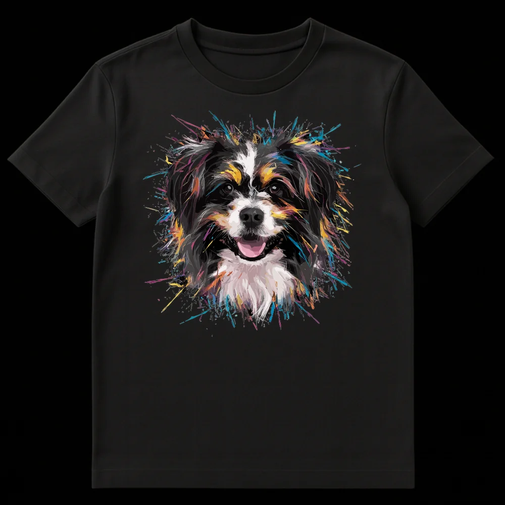 Happy dog splash art portrait on a black t-shirt with vibrant paint splatters in teal, pink, yellow, and blue. on Black t-shirt