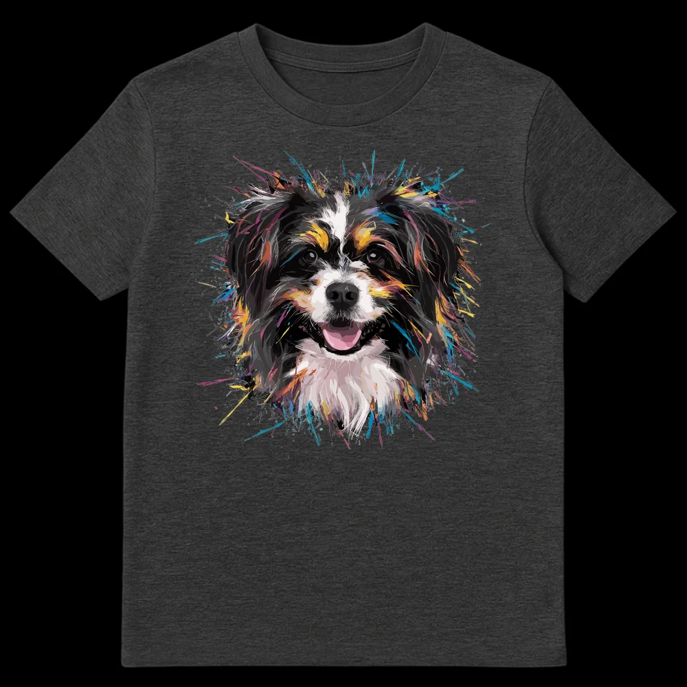 Happy dog splash art portrait on a black t-shirt with vibrant paint splatters in teal, pink, yellow, and blue. on Dark Heather t-shirt