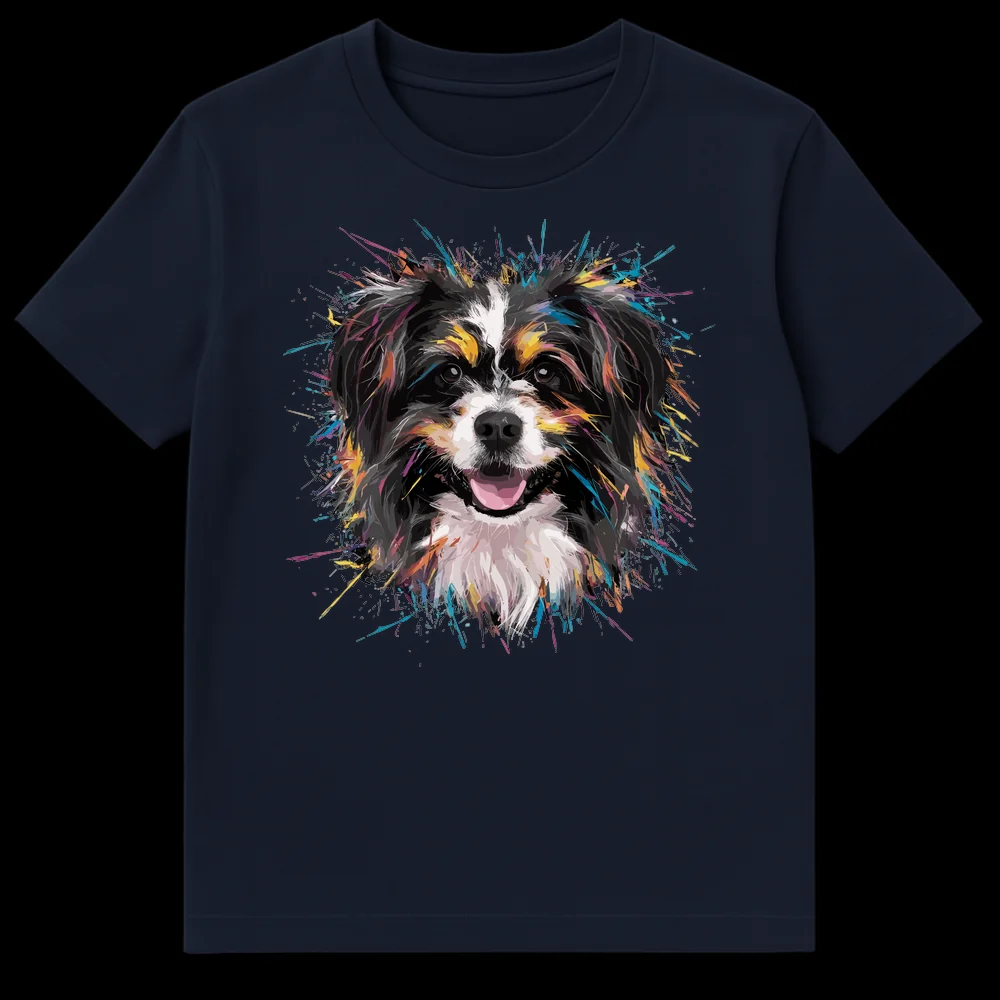 Happy dog splash art portrait on a black t-shirt with vibrant paint splatters in teal, pink, yellow, and blue. on Navy Blue t-shirt