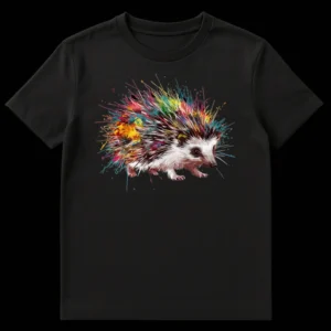 Colorful Splatter Art Hedgehog Unisex T-Shirt featuring a vibrant, abstract paint-splatter hedgehog design on Black t-shirt