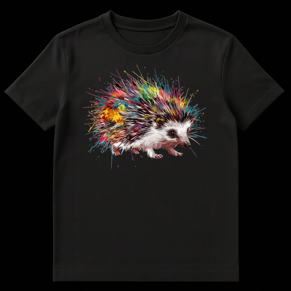 Colorful Splatter Art Hedgehog Unisex T-Shirt featuring a vibrant, abstract paint-splatter hedgehog design on Black t-shirt