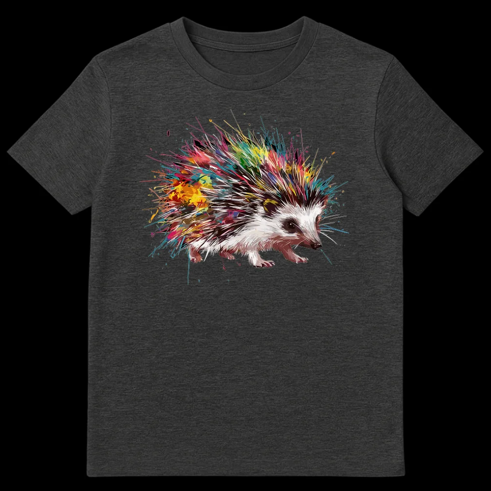 Colorful Splatter Art Hedgehog Unisex T-Shirt featuring a vibrant, abstract paint-splatter hedgehog design on Dark Heather t-shirt