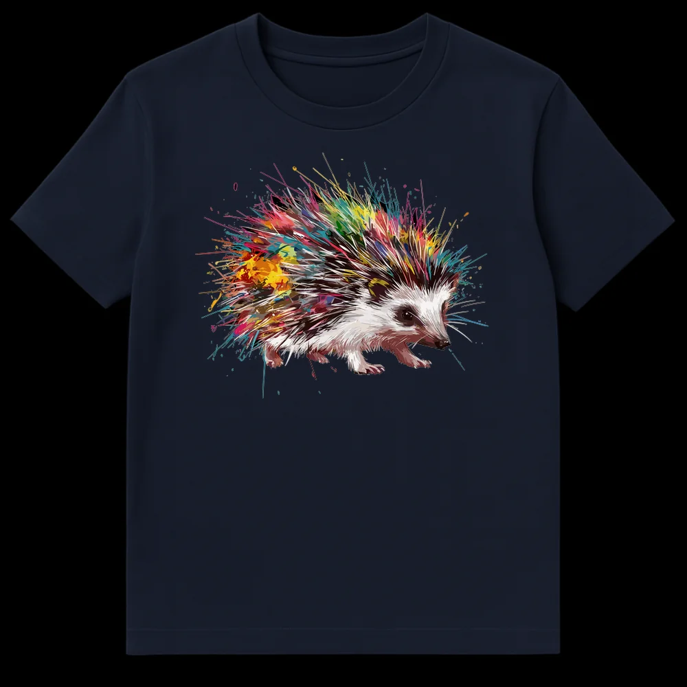 Colorful Splatter Art Hedgehog Unisex T-Shirt featuring a vibrant, abstract paint-splatter hedgehog design on Navy Blue t-shirt