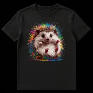Vibrant t-shirt featuring a cute hedgehog exploding with rainbow paint splatters on a black background on Black t-shirt