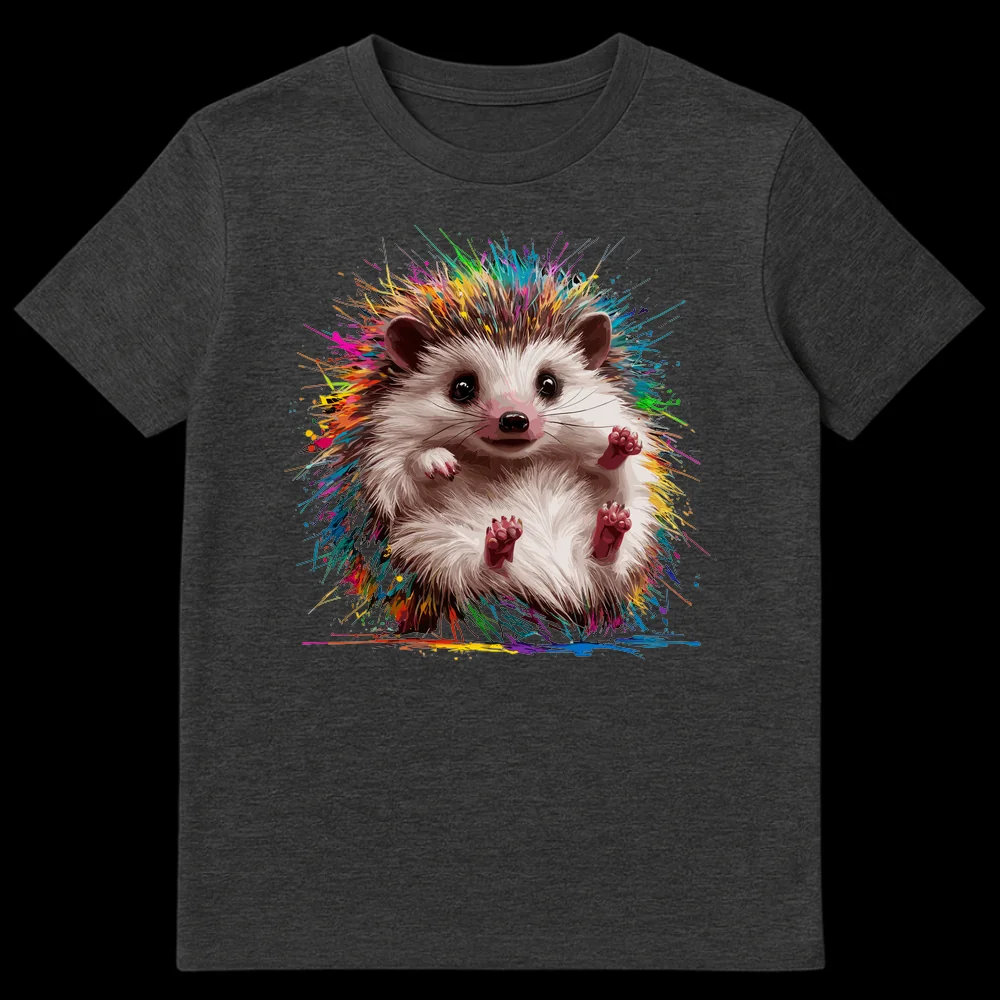Vibrant t-shirt featuring a cute hedgehog exploding with rainbow paint splatters on a black background on Dark Heather t-shirt