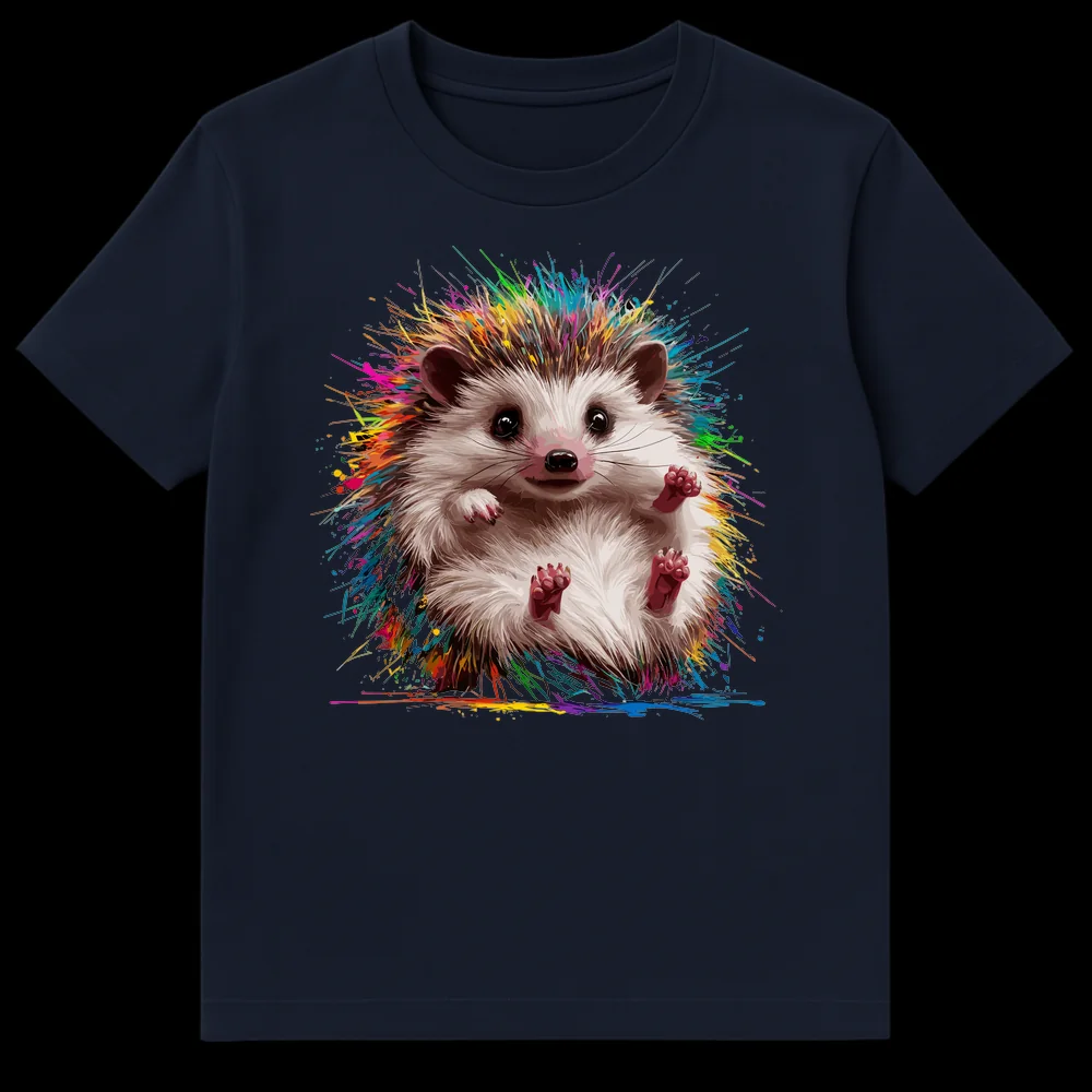 Vibrant t-shirt featuring a cute hedgehog exploding with rainbow paint splatters on a black background on Navy Blue t-shirt