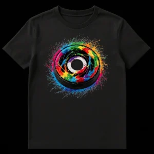 Ice hockey puck exploding with vibrant rainbow paint splatters on a black background on Black t-shirt