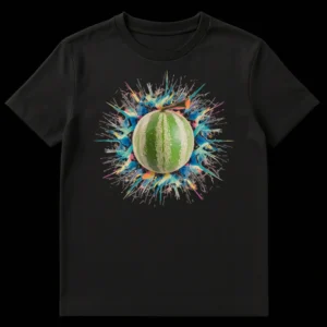 Watermelon Explosion Unisex T-Shirt with a realistic watermelon against an abstract, vibrant color burst on a black background on Black t-shirt