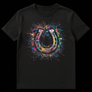 Vibrant horseshoe t-shirt with colorful paint splatters on a black background on Black t-shirt