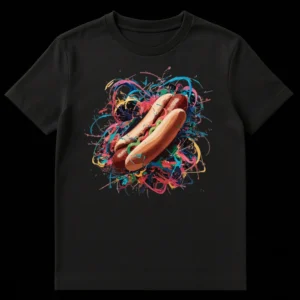 Vibrant Hot Dog Celebration T-Shirt with abstract paint splatters on Black t-shirt