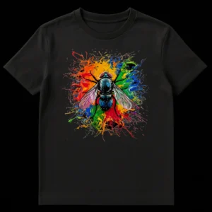 Vibrant Fly Splatter Art T-Shirt featuring a detailed fly surrounded by colorful paint splashes on a black background. on Black t-shirt