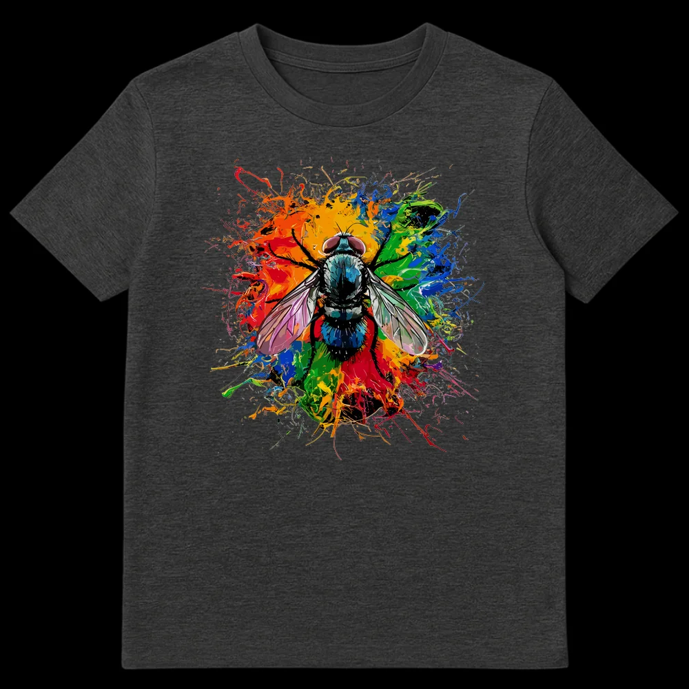 Vibrant Fly Splatter Art T-Shirt featuring a detailed fly surrounded by colorful paint splashes on a black background. on Dark Heather t-shirt
