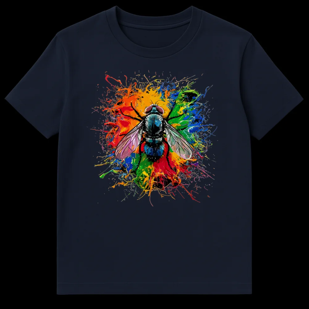 Vibrant Fly Splatter Art T-Shirt featuring a detailed fly surrounded by colorful paint splashes on a black background. on Navy Blue t-shirt
