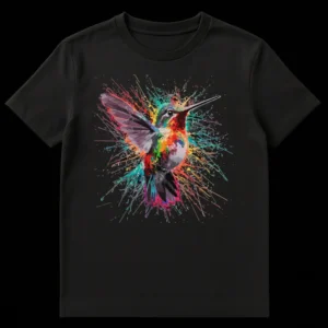 Vibrant splatter art hummingbird design on a black t-shirt with rainbow colors and dynamic brush strokes on Black t-shirt