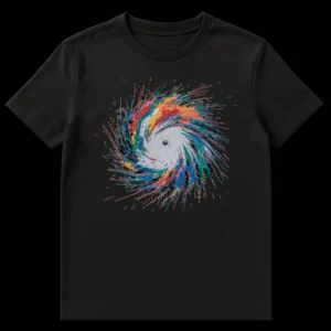 Abstract Eye of the Storm t-shirt design with vibrant paint splatters forming a vortex and an eye at the center on Black t-shirt