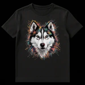 Siberian Husky face with heterochromia eyes (one amber, one blue) surrounded by colorful paint splatters on a black background, perfect for husky lovers. on Black t-shirt