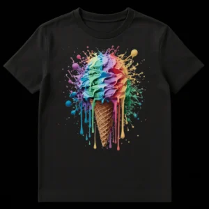 Vibrant Melting Swirl Ice Cream Unisex T-Shirt with rainbow colored melting ice cream and splatters on a black background on Black t-shirt