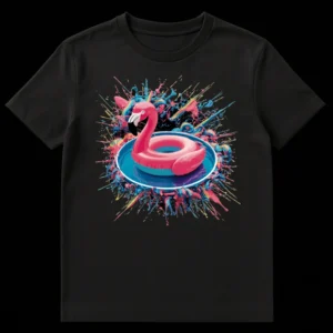 Vibrant graphic t-shirt featuring a flamingo pool float in a pool surrounded by colorful liquid splatters on a dark background. on Black t-shirt