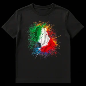 Dynamic paint splatter Italian flag t-shirt design with green, white, and red colors against a black background, featuring abstract drips and splashes. on Black t-shirt