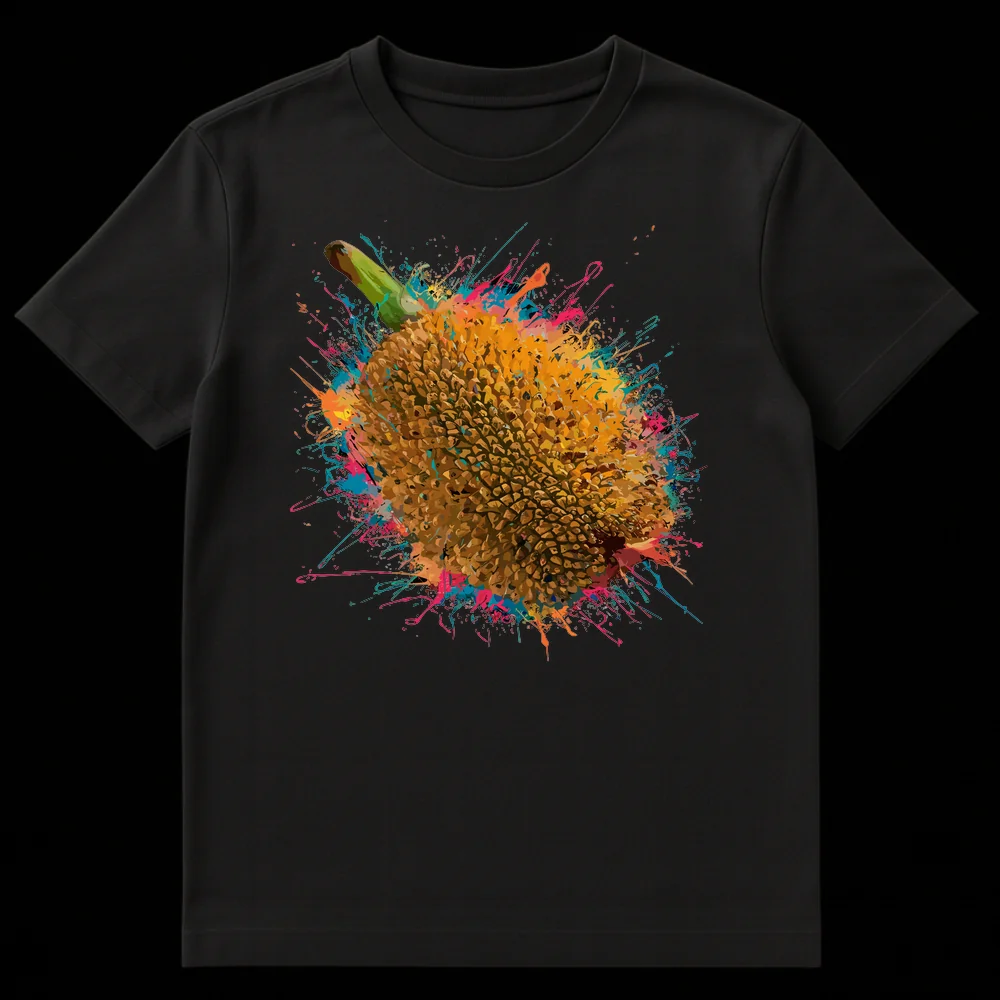 Vibrant abstract splash art t-shirt featuring a stylized jackfruit or durian with colorful paint splatters on a black background. on Black t-shirt