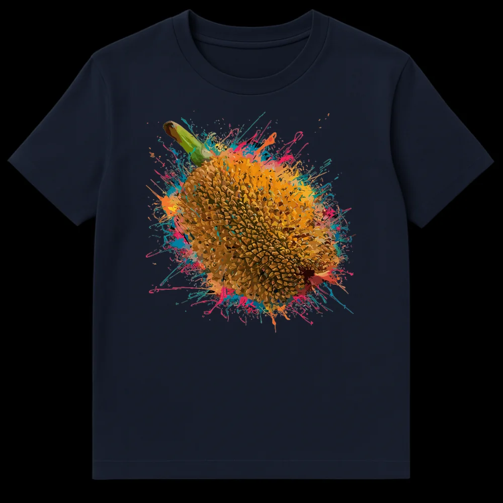 Vibrant abstract splash art t-shirt featuring a stylized jackfruit or durian with colorful paint splatters on a black background. on Navy Blue t-shirt