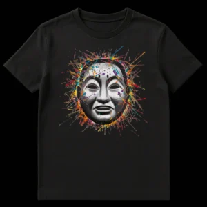 Japanese Noh mask t-shirt design with grayscale mask and colorful paint splatters on black background on Black t-shirt