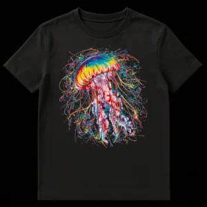 Vibrant abstract expressionist jellyfish t-shirt design with bright, saturated colors against a black background on Black t-shirt
