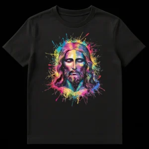 Modern Jesus Christ Pop Art T-Shirt with vibrant multi-color paint splatters on a black background, showcasing a stylized spiritual design. on Black t-shirt