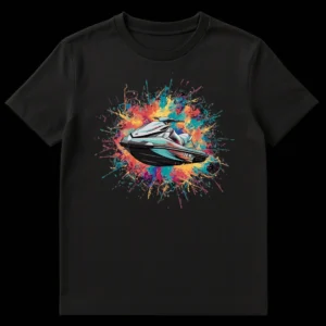 Dynamic JEX Watercraft T-Shirt for PWC riders, featuring a sleek jet ski and vibrant paint splatters on a black background on Black t-shirt