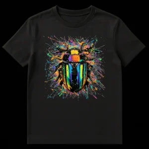 Vibrant Splatter Beetle graphic t-shirt featuring a rainbow-colored beetle amidst colorful paint splatters on a black background. on Black t-shirt