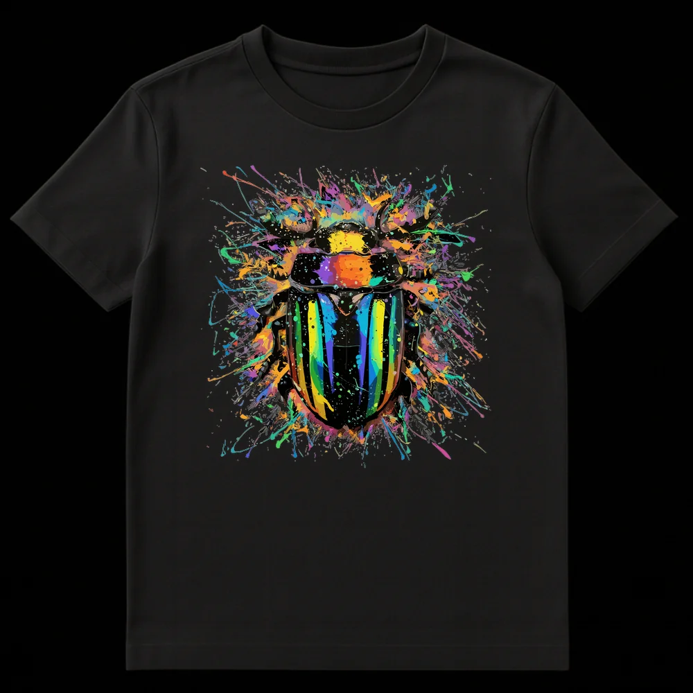 Vibrant Splatter Beetle graphic t-shirt featuring a rainbow-colored beetle amidst colorful paint splatters on a black background. on Black t-shirt