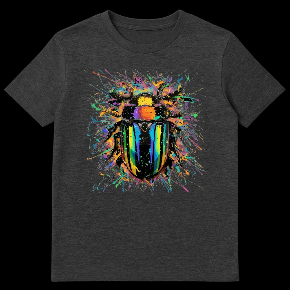 Vibrant Splatter Beetle graphic t-shirt featuring a rainbow-colored beetle amidst colorful paint splatters on a black background. on Dark Heather t-shirt