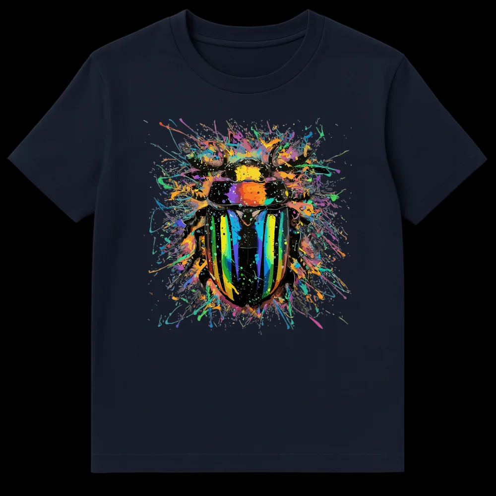 Vibrant Splatter Beetle graphic t-shirt featuring a rainbow-colored beetle amidst colorful paint splatters on a black background. on Navy Blue t-shirt
