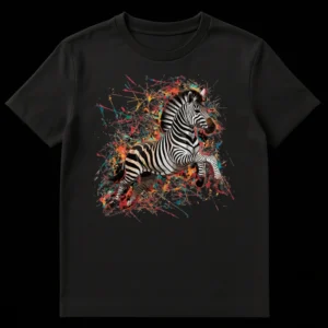 Vibrant Zebra Paint Splatter T-Shirt featuring a black and white zebra with colorful abstract paint splatters on a black background on Black t-shirt