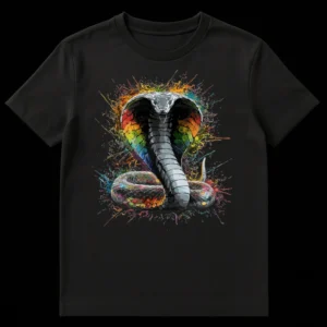 Realistic cobra t-shirt with rainbow paint splatters on black background on Black t-shirt