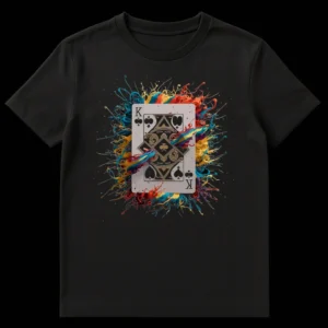 Vibrant King Card Street Art Graphics T-Shirt featuring a King of Spades playing card with colorful paint splatters and 'RO.TR ARTS' text on Black t-shirt