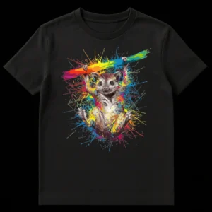 Vibrant splatter paint t-shirt with a cute tree shrew or opossum clinging to a rainbow branch against a black background. on Black t-shirt