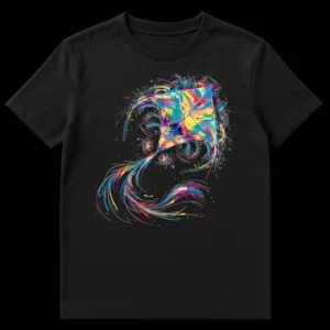 Vibrant rainbow splatter art kite t-shirt design on a dark background, showing a dynamic, colorful kite with flowing tail. on Black t-shirt