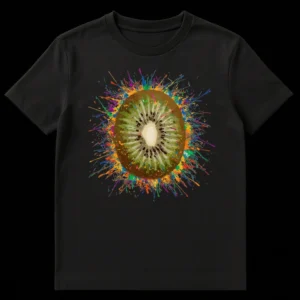 Close-up of Bursting Kiwi Splatter Art T-Shirt design, showing a green kiwi fruit slice exploding with rainbow paint on a black background on Black t-shirt